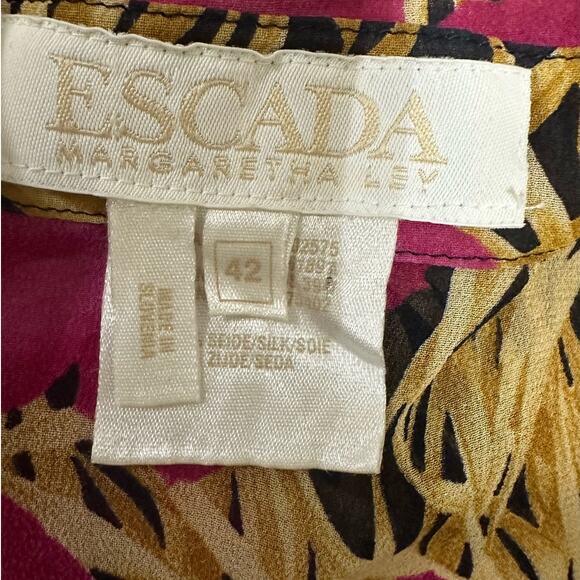 Escada Blouse Large Vintage Silk Pink Hibiscus Tropical Floral Short Sleeve - Picture 2 of 7